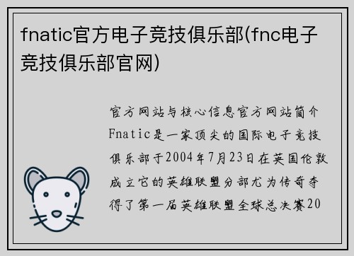 fnatic官方电子竞技俱乐部(fnc电子竞技俱乐部官网)