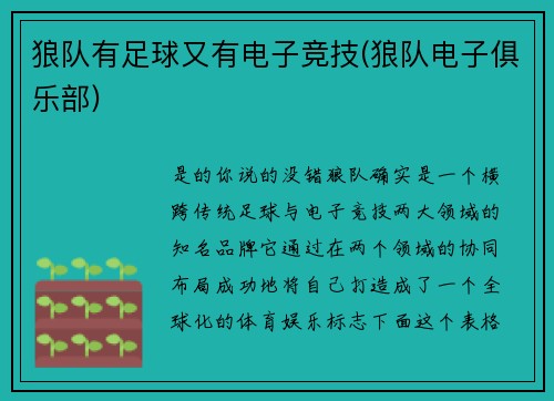 狼队有足球又有电子竞技(狼队电子俱乐部)